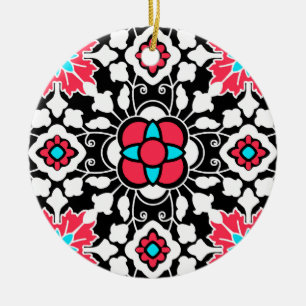 Ornamento De Cerâmica Azulejo floral marroquino, preto, branco e rosa-co