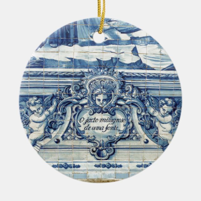 Ornamento De Cerâmica Azulejos de paredes brancas e azuis portuguesas co (Frente)