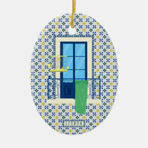 Ornamento De Cerâmica Azulejos portugueses e varanda de janela com aves