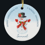 Ornamento De Cerâmica Baby 1rua Snowman Ornament<br><div class="desc">Enfeites de natal do bebê 1rua com Snowman alegre e caminhão vermelho com árvore de Natal e presentes.</div>