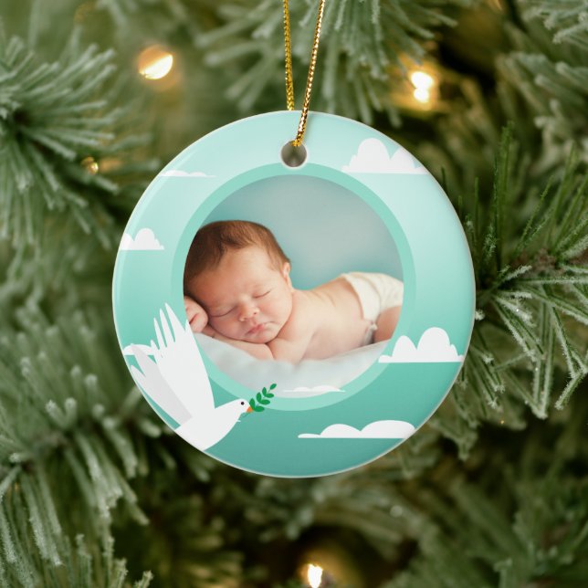 Ornamento De Cerâmica Baby Boy Baptism Dove Clouds Photo Frame (Árvore)