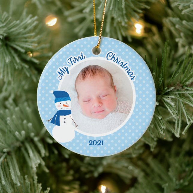 Ornamento De Cerâmica Baby Boy Blue Snowman Primeira Foto de Natal (Árvore)