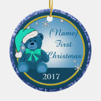 Ornamento De Cerâmica Baby Boy Blue Teddy Bear Personalizado Natal