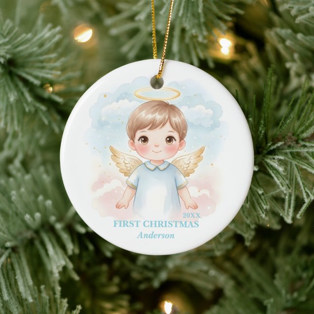 Ornamento De Cerâmica Baby Boy First Christmas Blue Angel Photo (Árvore)