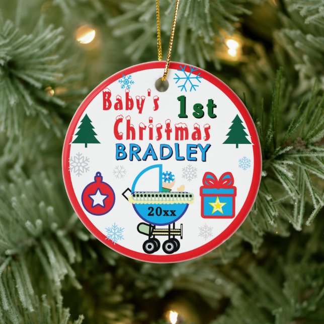 Ornamento De Cerâmica Baby Boy First Christmas Blue Hat NAME (Árvore)
