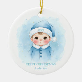 Ornamento De Cerâmica Baby Boy First Christmas Blue Santa Photo
