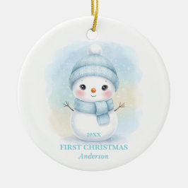 Ornamento De Cerâmica Baby Boy First Christmas Blue Snowman Photo