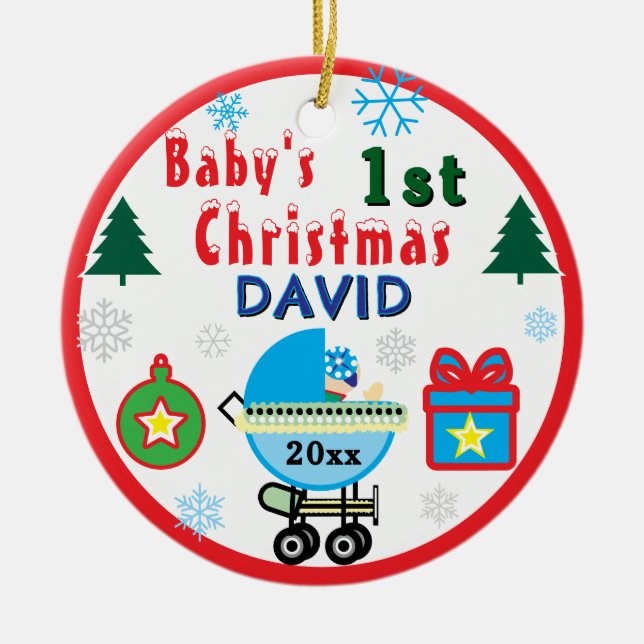 Ornamento De Cerâmica Baby Boy First Christmas Blue White Carriage NAME (Frente)