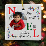 Ornamento De Cerâmica Baby Boy First Christmas Colorous First Noel Photo<br><div class="desc">Este ornamento personalizável de fotos 1rua de Nóel Keepsasaket, de dois lados, com design festivo brilhante, colorido, vermelho e branco, é o dom perfeito, o cuidado ou a adição ao seu decoro de férias. Estão disponíveis abaixo outras variações do produto. Este design de produto pode ser adquirido como está na...</div>