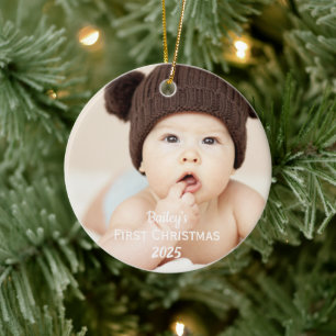 Ornamento De Cerâmica Baby Boy First Christmas Photo Name Blue