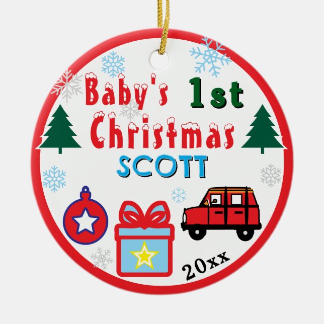 Ornamento De Cerâmica Baby Boy First Christmas Red  Car NAME (Frente)