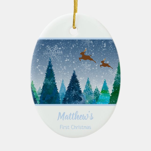 Ornamento De Cerâmica Baby Boy First Christmas Snowflake Foto (Frente)