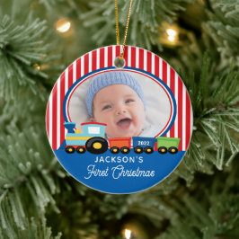 Ornamento De Cerâmica Baby Boy First Christmas Train Photo