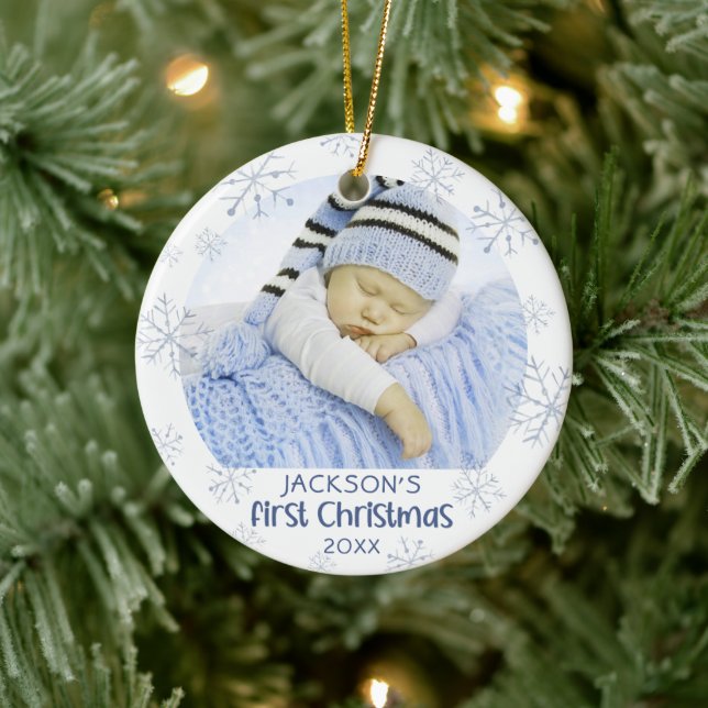 Ornamento De Cerâmica Baby Boy Primeiro Natal Foto Blue Snowflake Nome (Árvore)