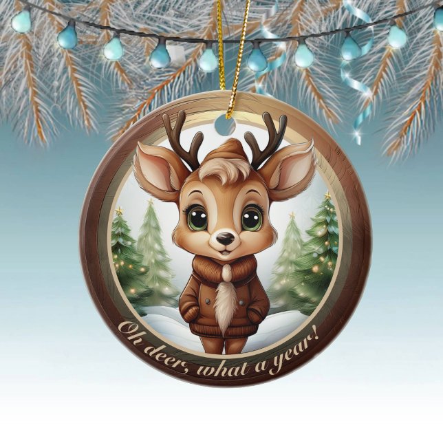 Ornamento De Cerâmica Baby Deer Antlers Animal Character Christmas 🦌🎄 (customizable text deer ornament custom reindeer christmas tree decoration antler holiday decor 🦌🎄)