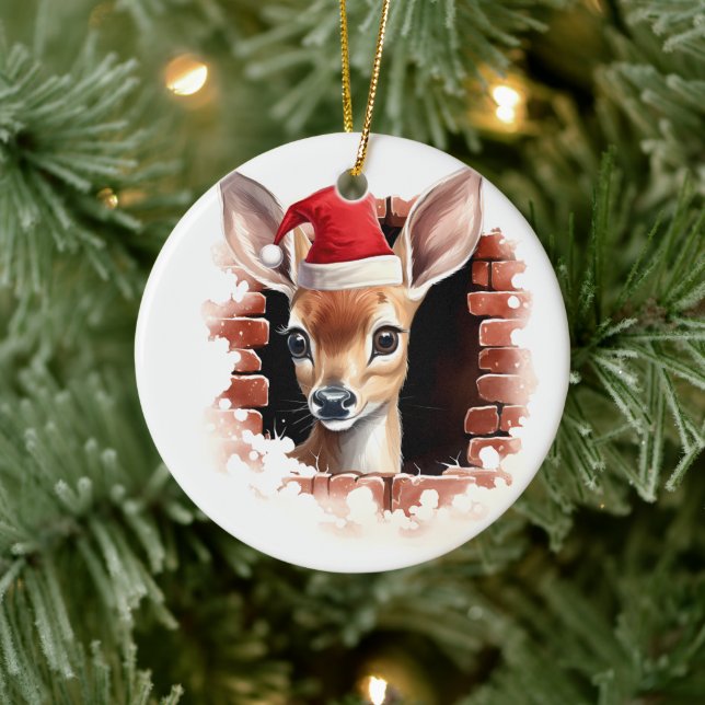 Ornamento De Cerâmica Baby Deer in Santa Hat - 3D (Árvore)
