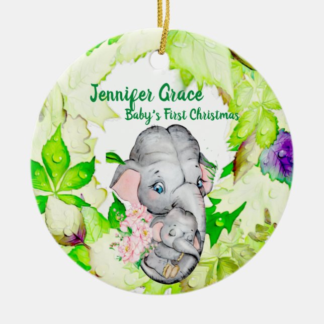 Ornamento De Cerâmica Baby Elephant Botanical Custom Photo 1rua Natal (Frente)