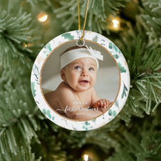 Ornamento De Cerâmica Baby First Christmas Custom Photo Watercolor