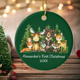 Ornamento De Cerâmica Baby First Christmas Forest Animal Green Round