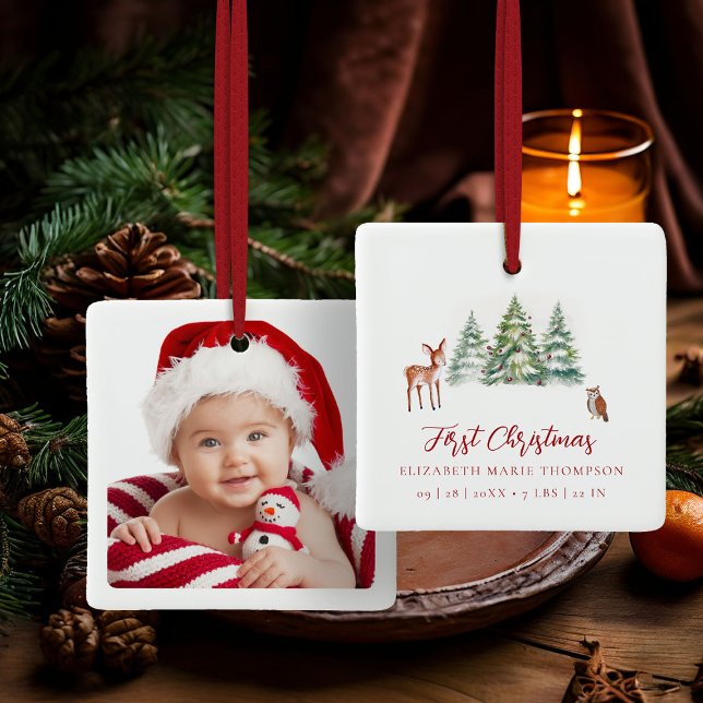 Ornamento De Cerâmica Baby First Christmas Owl Deer Woodland Photo  (baby first christmas ornament woodland deer owl trees baubles photo template red calligraphy)