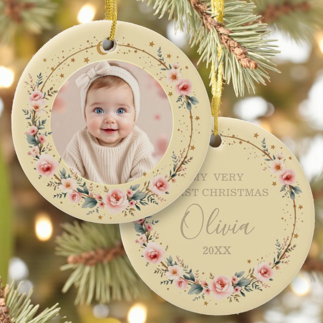 Ornamento De Cerâmica Baby First Christmas Photo Gold Celestial Stars (Criador carregado)