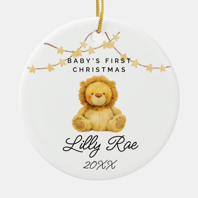 Ornamento De Cerâmica Baby First Christmas Woodland Animal Lion Unisex (Frente)