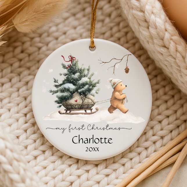 Ornamento De Cerâmica Baby First Christmas Woodland Bear (Personalize baby first Christmas with this heartwarming bear in the woods.)