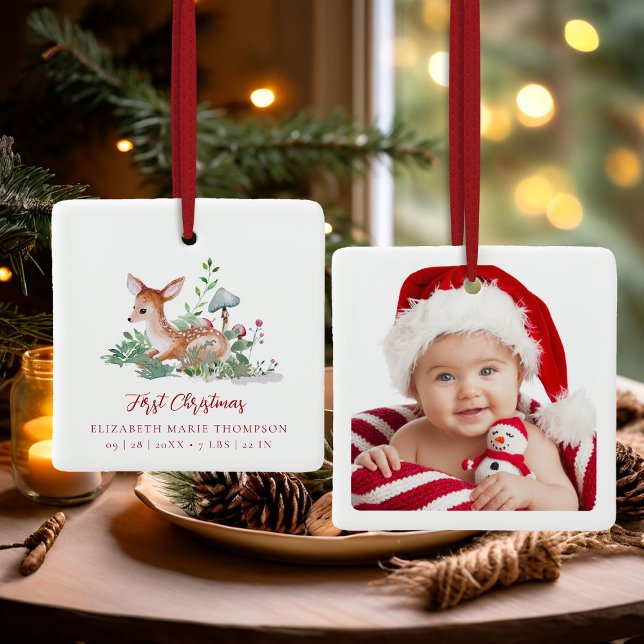 Ornamento De Cerâmica Baby First Christmas Woodland Deer Photo  (baby first christmas ornament woodland deer mushrooms photo template red calligraphy)
