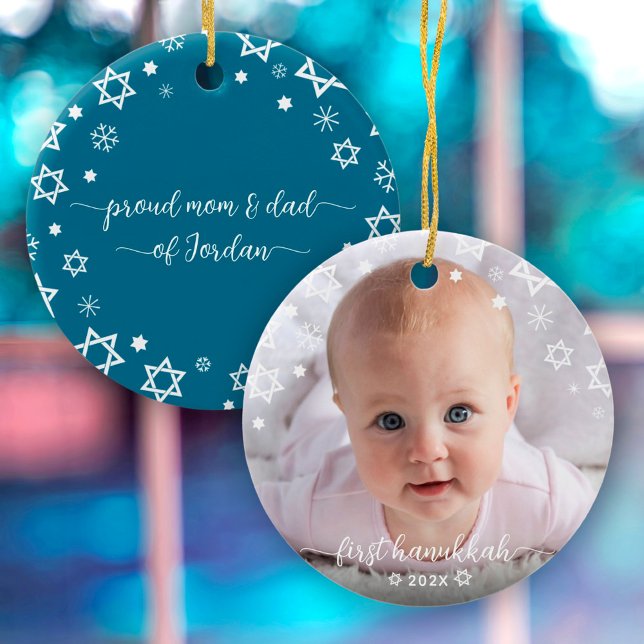 Ornamento De Cerâmica Baby First Hanukkah Stars Snowflakes Novos Pais (Criador carregado)