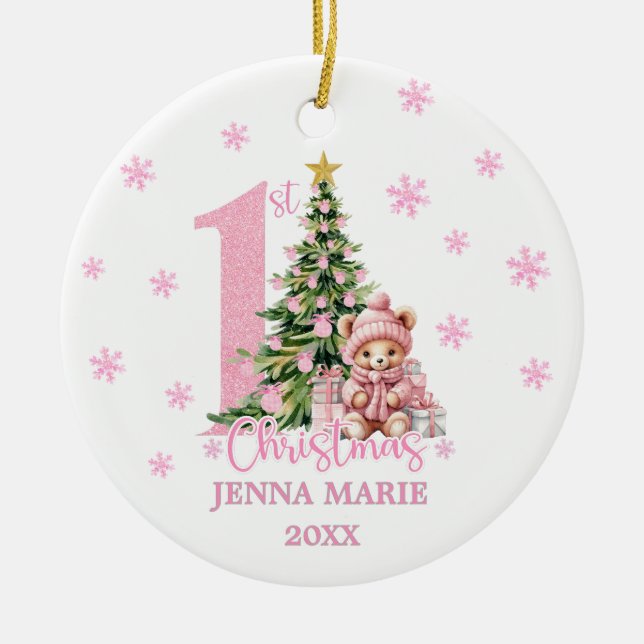 Ornamento De Cerâmica BABY GIRL 1ST CHRISTMAS PHOTO Ornament (Frente)