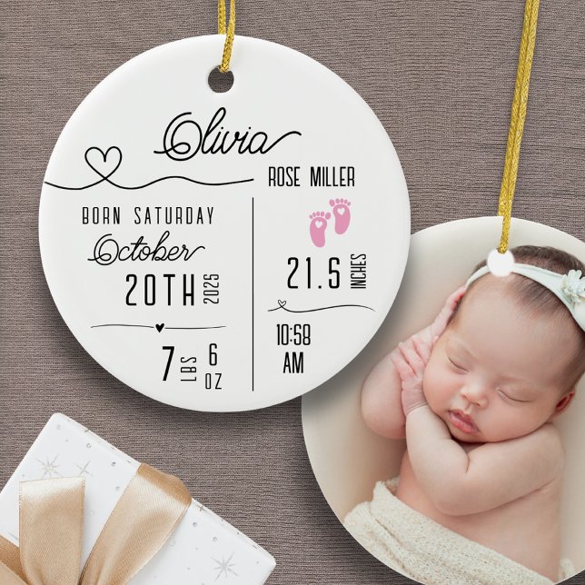 Ornamento De Cerâmica Baby Girl Birth Announcement Photo Name Stats (Personalized Baby Girl Custom Ornament Birth Announcement Name Stats Photo Baby's First Christmas)