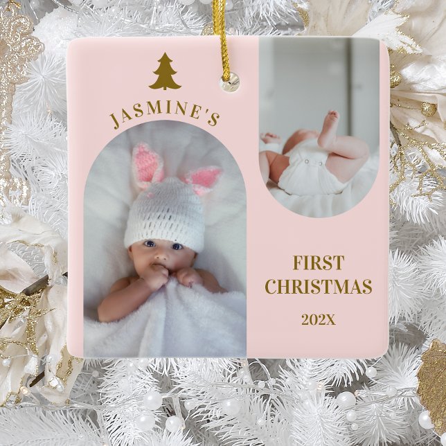 Ornamento De Cerâmica Baby Girl First Christmas Arch Photo Blush Pink (Criador carregado)