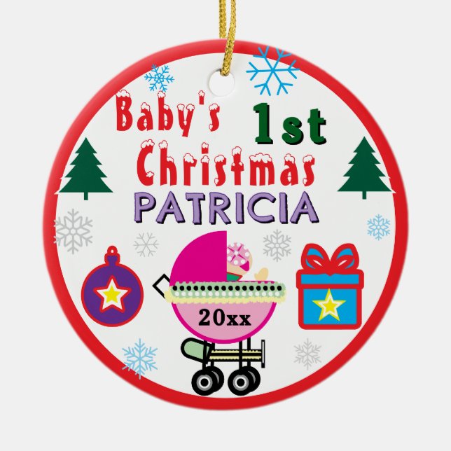 Ornamento De Cerâmica Baby Girl First Christmas Baby Carriage NAME (Frente)