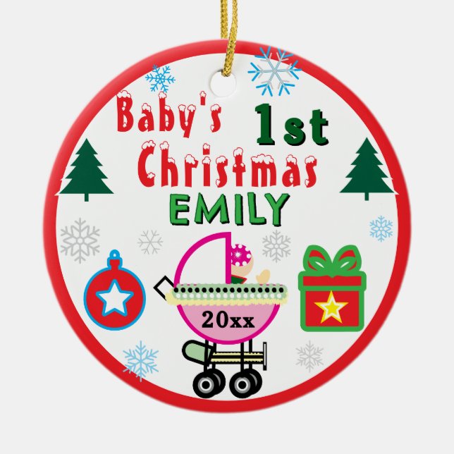 Ornamento De Cerâmica Baby Girl First Christmas Green NAME (Frente)