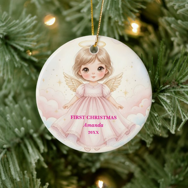 Ornamento De Cerâmica Baby Girl First Christmas Pink Angel Photo (Árvore)
