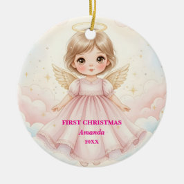 Ornamento De Cerâmica Baby Girl First Christmas Pink Angel Photo
