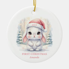Ornamento De Cerâmica Baby Girl First Christmas Pink Bunny Photo