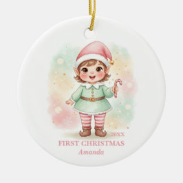 Ornamento De Cerâmica Baby Girl First Christmas Pink Elf Photo