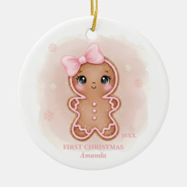 Ornamento De Cerâmica Baby Girl First Christmas Pink Gingerbread Photo