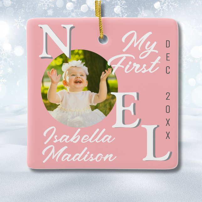 Ornamento De Cerâmica Baby Girl First Christmas Pink Noel Photo Keepsasa (Criador carregado)