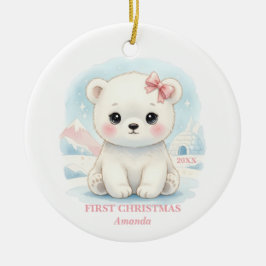 Ornamento De Cerâmica Baby Girl First Christmas Pink Polar Bear Photo