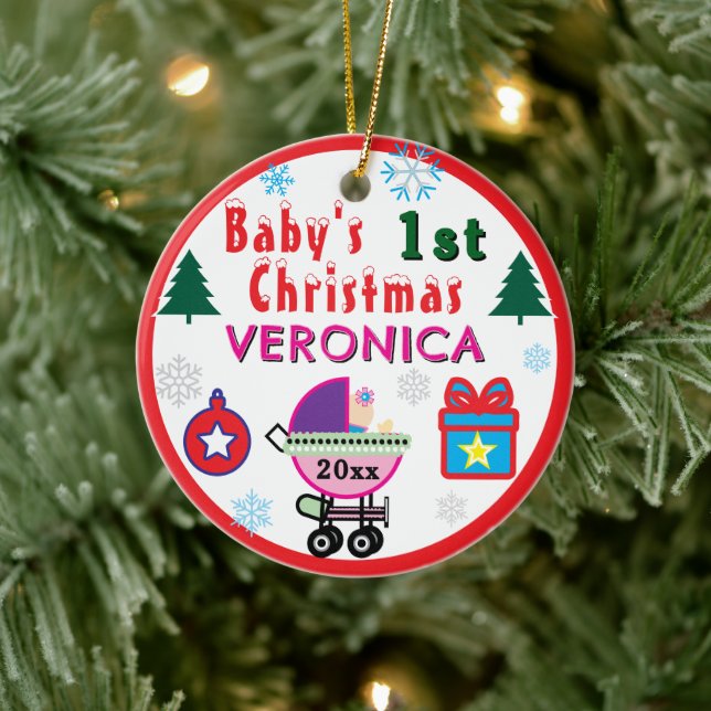 Ornamento De Cerâmica Baby Girl First Christmas Pink Purple Carriage  (Árvore)