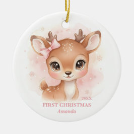 Ornamento De Cerâmica Baby Girl First Christmas Pink Reindeer Photo