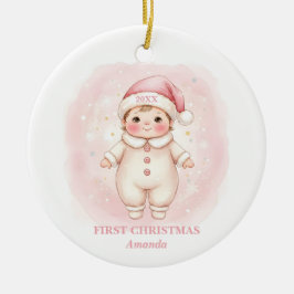 Ornamento De Cerâmica Baby Girl First Christmas Pink Santa Photo