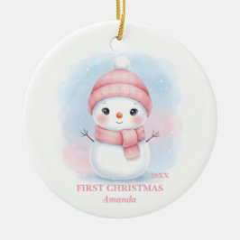 Ornamento De Cerâmica Baby Girl First Christmas Pink Snowman Photo