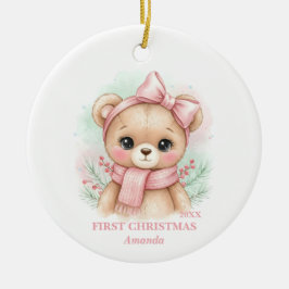 Ornamento De Cerâmica Baby Girl First Christmas Pink Teddy Bear Photo