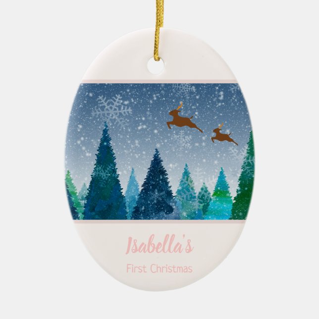 Ornamento De Cerâmica Baby Girl First Christmas Snowflake Photo (Frente)