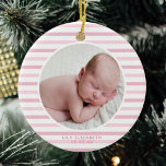 Ornamento De Cerâmica Baby Girl First Christmas Soft Pink Striped<br><div class="desc">This beautiful commemorative baby girl Christmas ornament features a pretty newborn photograph of your child between cute pale pink stripes. A chic new baby Christmas gift for a new mom or proud set of grandparents. Customize with your child's name and birth date to cherish the photo forever.</div>