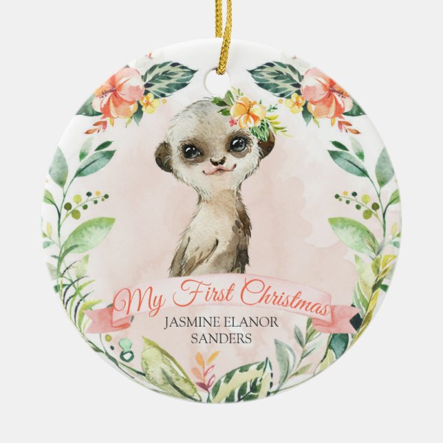 Ornamento De Cerâmica Baby Girl Meerkat Primeiro Natal Feriado Keepsasao (Frente)