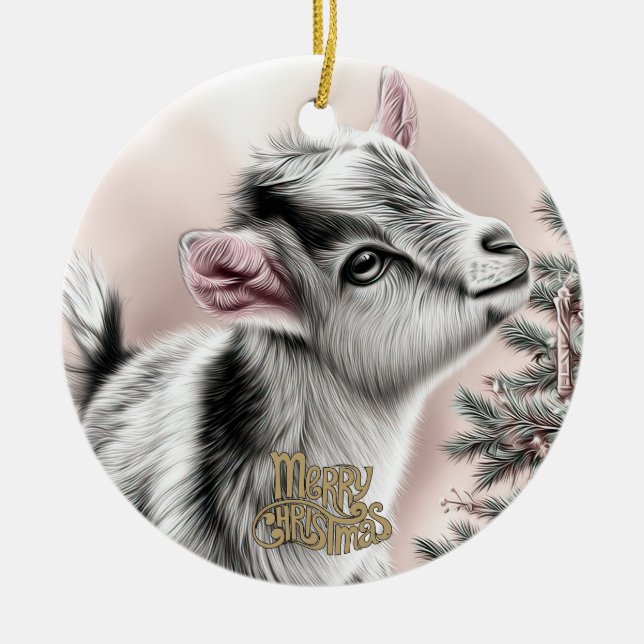 Ornamento De Cerâmica Baby Goat Christmas 12 and YOUR PHOTO (Frente)